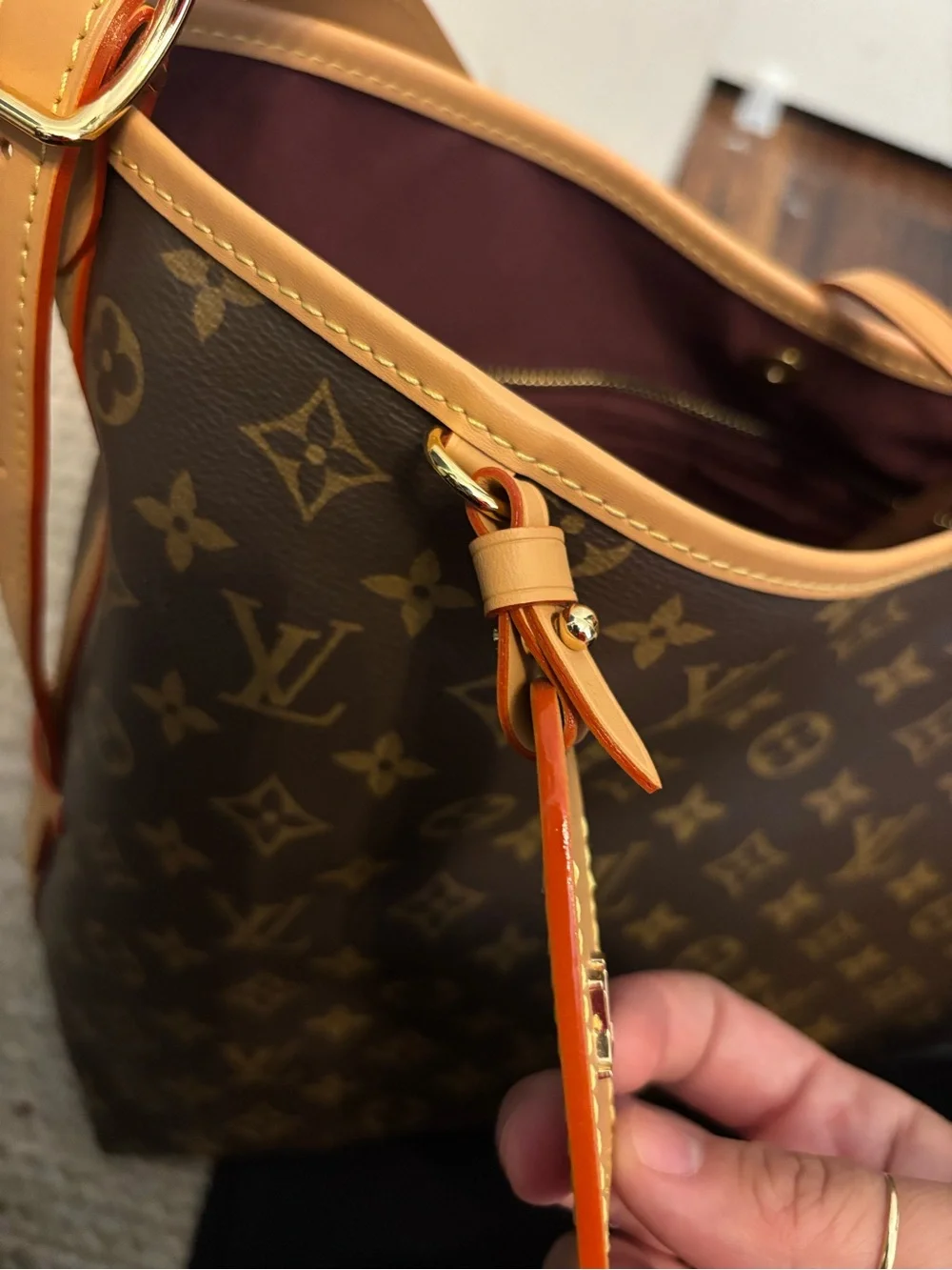 Monogram Canvas Shoulder Tote with Tan Trim and Burgundy Interior (large size) - Picture 4 of 11